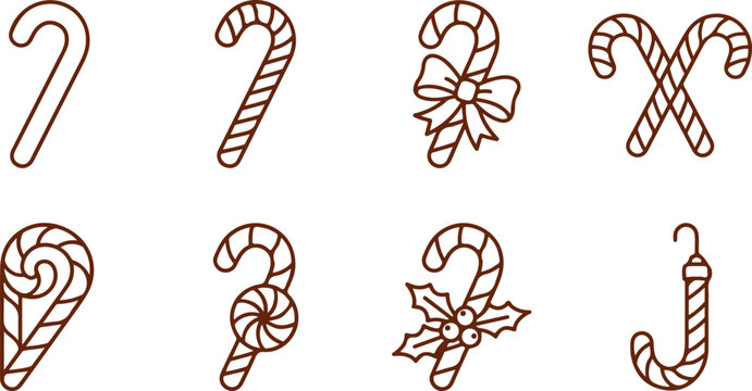 Christmas candy canes with holly berries mistletoe bow and swirling patterns in brown outline.