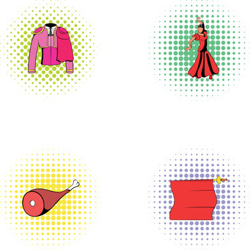 Compilation of illustrations depicting spanish culture, including a bullfighter jacket, flamenco dancer, ham, and muleta