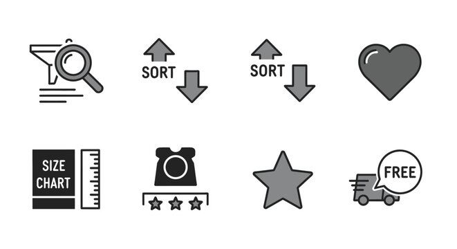 E-commerce Icons: Search, Sort, Rating, Size Chart, Free Delivery, Wishlist