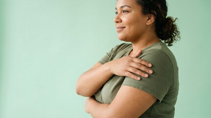 Obraz premium African American woman in green t-shirt stands with arms crossed, smiling softly against a light green background, showcasing a relaxed and confident demeanor