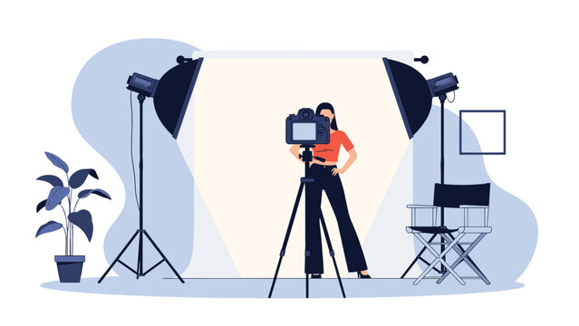 Young model poses confidently for a photo shoot in a professional studio equipped with lights, camera, and background.