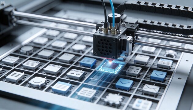 Printing robotic printhead moving along dual rails over icon tile tray, with blue tubing
