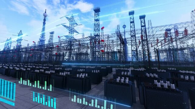 3D animation of high-voltage lines and transformer facilities clusters
