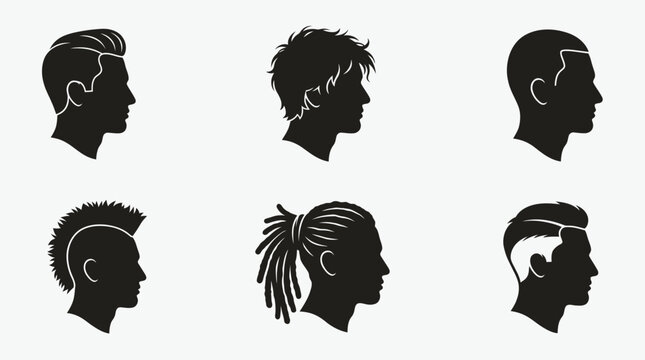 Set of black silhouettes of male heads with various trendy haircuts.