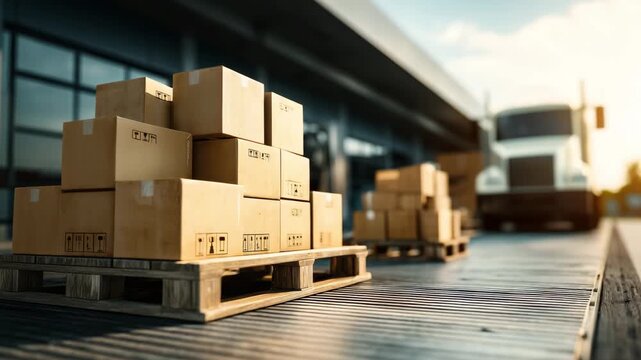 Delivery trucks unload packages onto a loading dock while cardboard boxes are stacked nearby during daytime operations