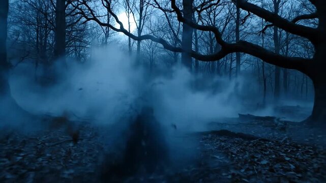 Mysterious foggy forest at dusk with bare trees and fallen leaves