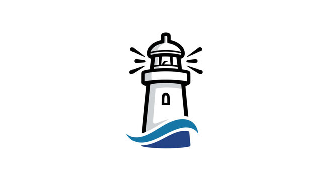 A simple illustration of a lighthouse with radiating light rays and stylized blue waves