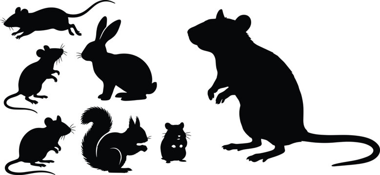 Black silhouette collection of small rodents including rats mice rabbit and squirrel isolated on white background