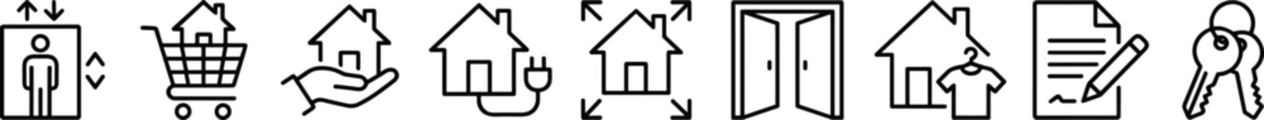 Property purchase and home service icons with keys document elevator and energy efficiency line art symbols. © Emongrapic