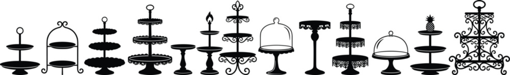 Black silhouette collection of vintage cake stands tiers and dessert display platters isolated on white background © Shariful