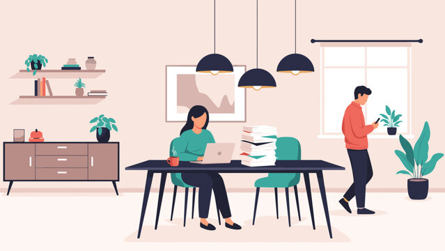 Focused woman works on her laptop at a long table next to a massive stack of paperwork while a colleague walks by in a modern office space.