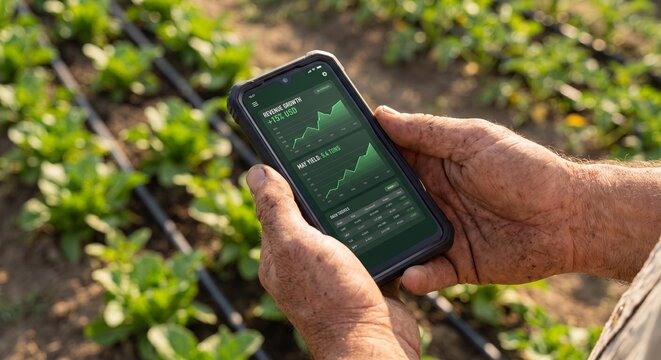 Close-up of a farmer's soil-stained hands holding a rugged smartphone displaying an agtech revenue dashboard in a field with a drip irrigation system.