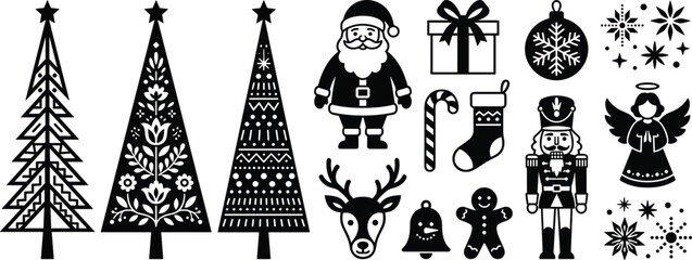Christmas vector silhouette set with santa claus nutcracker reindeer gingerbread man and ornamental trees isolated on white background © Shariful