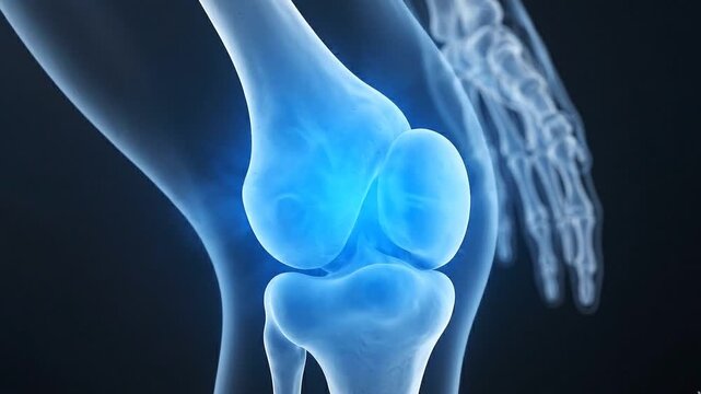 AI generated close-up 3D animation of a human knee joint showing pain with glowing red inflammation and recovery