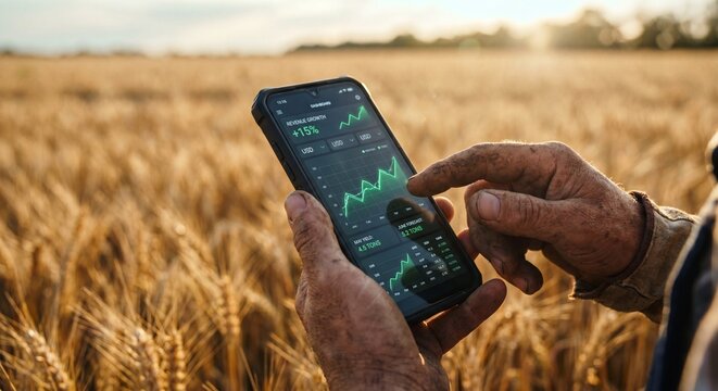 Close-up of a farmer's soil-stained hands holding a smartphone displaying an agricultural revenue and yield forecasting dashboard in a golden wheat field at sunset.