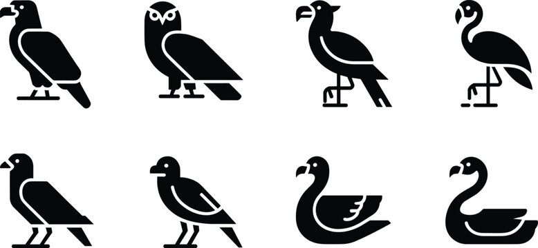 Bird silhouette icons set featuring eagle owl parrot flamingo geometric vector design collection for logo branding illustration decoration art