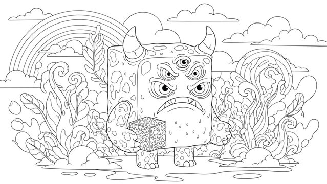 Intricate coloring page featuring multi-eyed cube monster holding smaller cube in front of rainbow and ocean waves landscape.