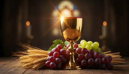 Obraz premium Sacred Corpus Christi Celebration with Golden Chalice and Grapes