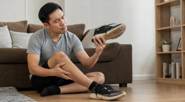 Asian man with leg pain checking worn out running shoes at home