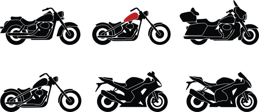 Motorcycle silhouette vector set with chopper cruiser sportbike touring motorbike isolated on white background