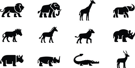 Black silhouette icons of African animals including lion, elephant, giraffe, rhino, zebra, crocodile, and antelope, vector wildlife illustration © MOSTSHAHANAJ