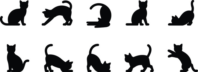 Black silhouette icons of cats in various poses, vector illustration showing feline movements, pets, animals, and domestic cat behavior concept © MOSTSHAHANAJ