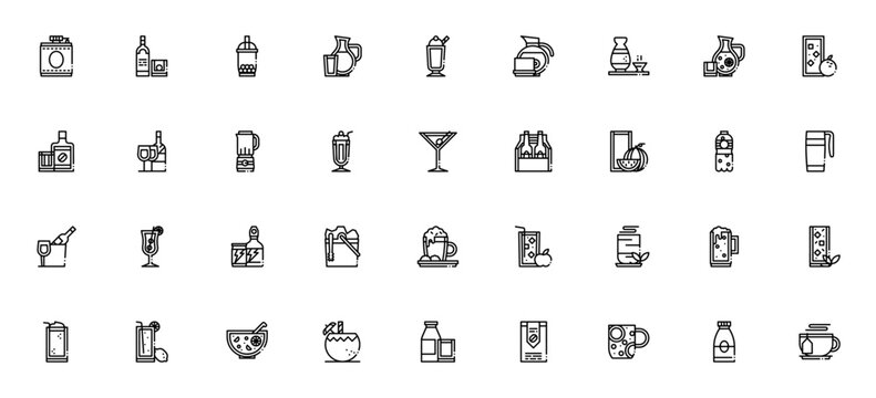 Beverage icon set. Minimal linear icons. Featuring hip flask, vodka, bubble tea, water, coffee, wine, beer, cocktail, milk, tea and more. Editable vector stroke.