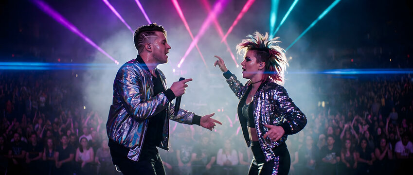 Pareja de cantantes actuando en vivo en un concierto de m&uacute;sica con luces de ne&oacute;n, l&aacute;seres y multitud de fondo
