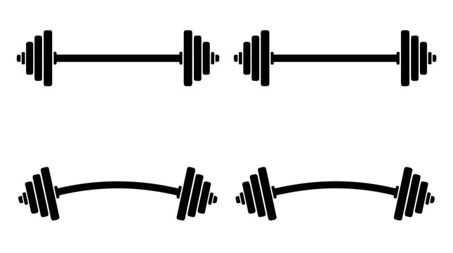 Set of barbell and curl bar icons symbolizing strength training, endurance, and gym equipment in minimalist black‑and‑white design