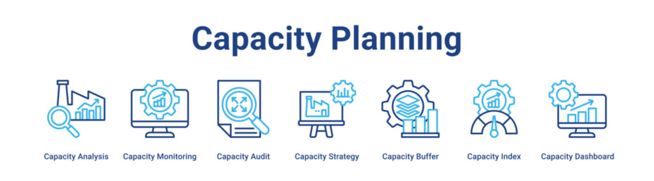 Capacity Planning web banner icon vector illustration concept for industry with icon of Capacity Analysis, Capacity Monitoring, Capacity Audit, Capacity Strategy, Capacity Buffer, Capacity Index,.