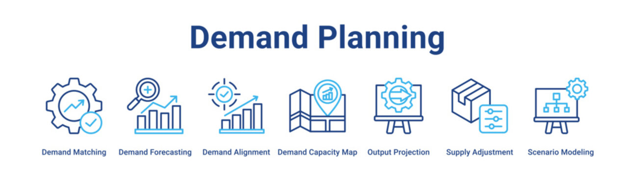 Demand Planning web banner icon vector illustration concept for industry with icon of Demand Matching, Demand Forecasting, Demand Alignment, Demand Capacity Map, Output Projection, Supply Adjustment,.