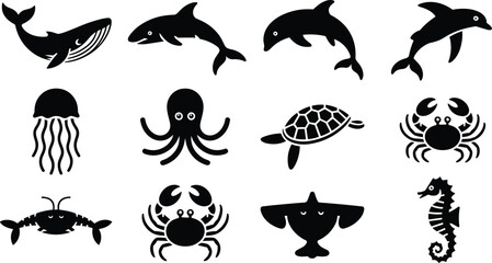 Sea creature silhouette icons set featuring whale shark dolphin jellyfish octopus turtle crab stingray seahorse vector design collection © MOSTSHAHANAJ