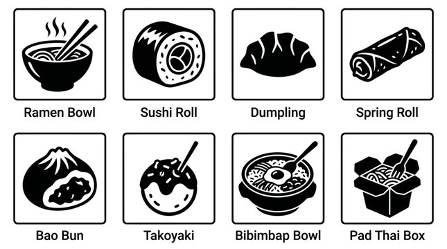 Set of eight delicious Asian food icons including ramen sushi dumpling spring roll bao bun takoyaki bibimbap and pad thai.