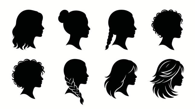 Set of eight diverse female head silhouettes with different hairstyles.