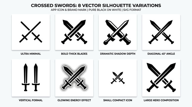 Set of eight vector silhouettes of crossed swords in various styles.