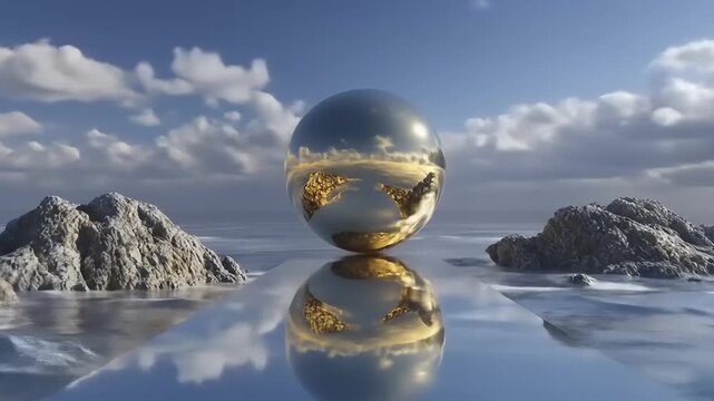 Chrome sphere resting on reflective water surface between rocky outcrops under cloudy sky