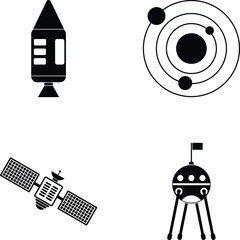 Collection of black vector icons representing space travel and astronomy concepts © juliars