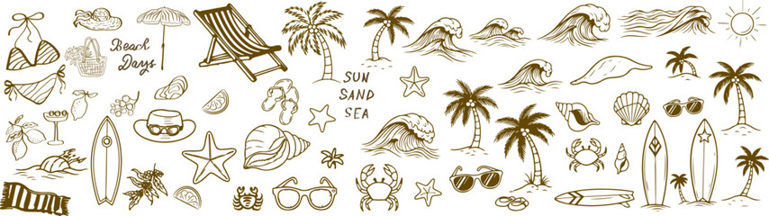 Hand drawn black beach themed vector set with summer doodles for vacation and tropical designs. © Mono Art
