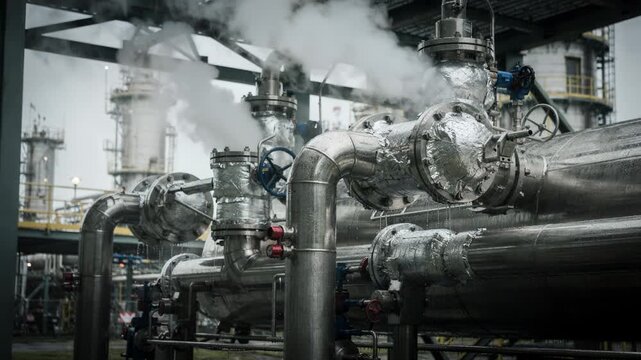 Medium shot capturing steam rising from vacuum distillation unit piping during heavier fraction refining phase