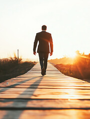 Obraz premium Man in suit walking on wooden boardwalk towards sunset with golden light