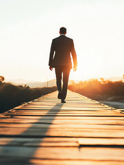 Obraz premium Man in suit walking on wooden bridge towards sunset, symbolizing journey and success
