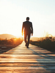 Obraz premium Man in suit walking on wooden path during sunset with warm light