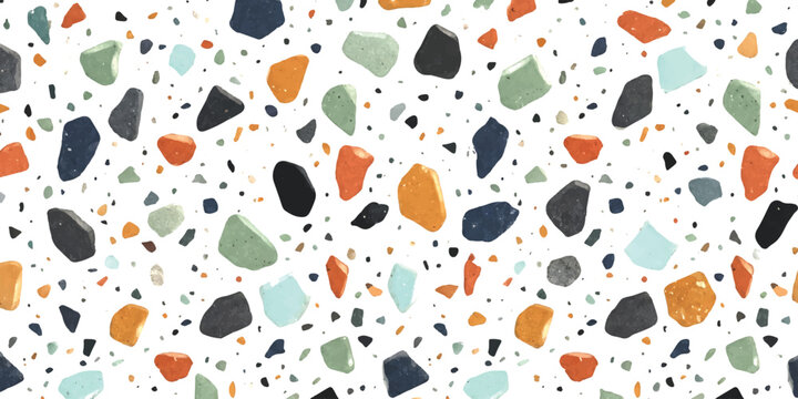 Colorful terrazzo stone pattern with abstract geometric shapes and pebbles texture
