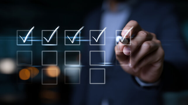 Interactive checklist, hand clicking on digital boxes, task completion, process management, business survey, online form, productivity, technology, workflow, achievement, decision, interface concept.