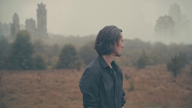 Lost man scanning foggy post-apocalyptic landscape with abandoned city, decayed ruins, dry grass, sparse bushes, sense of lost connection and collapsed civilization