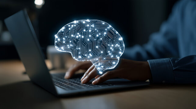 Glowing AI brain network above laptop workspace, realistic artificial intelligence concept, machine learning data flow, neural interface, software automation, cloud nodes and digit