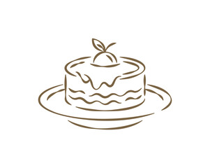 Naklejka na ściany i meble A yummy hand drawn doodle of a layered cake dessert on a plate, topped with sweet cream and a cherry. delicious vector illustration is perfect for a bakery menu, a pastry shop logo, or a birthday card