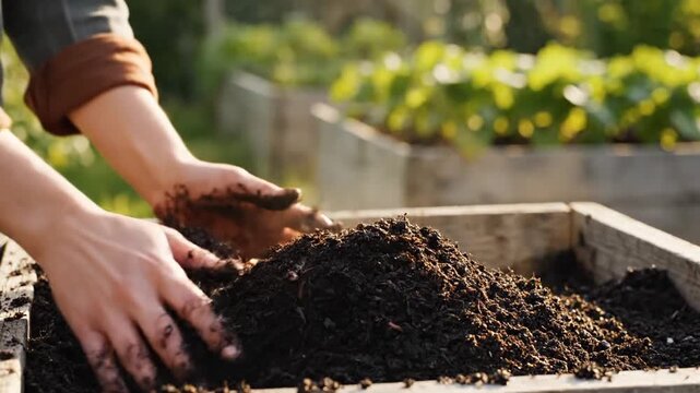 Hands working rich soil in outdoor raised garden bed