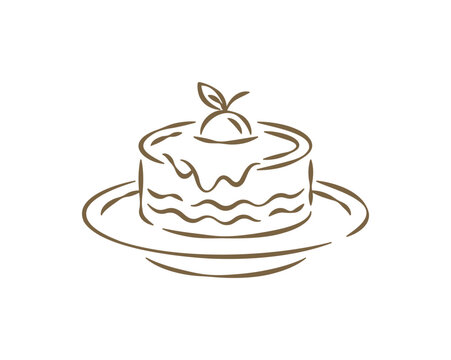 A yummy hand drawn doodle of a layered cake dessert on a plate, topped with sweet cream and a cherry. delicious vector illustration is perfect for a bakery menu, a pastry shop logo, or a birthday card