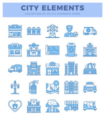 Blue flat icon set of city elements. buildings. and vehicles on white background © Icon